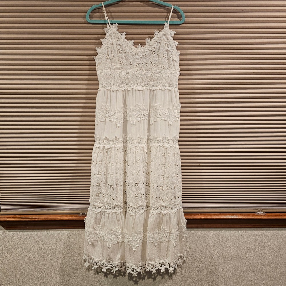POL White Eyelet Lace Tiered Midi‎ Dress Cotton Boho Wedding Event Womens M